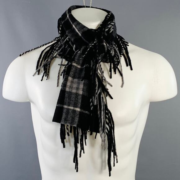 BURBERRY Black White Plaid Cashmere Double Fringe Scarf